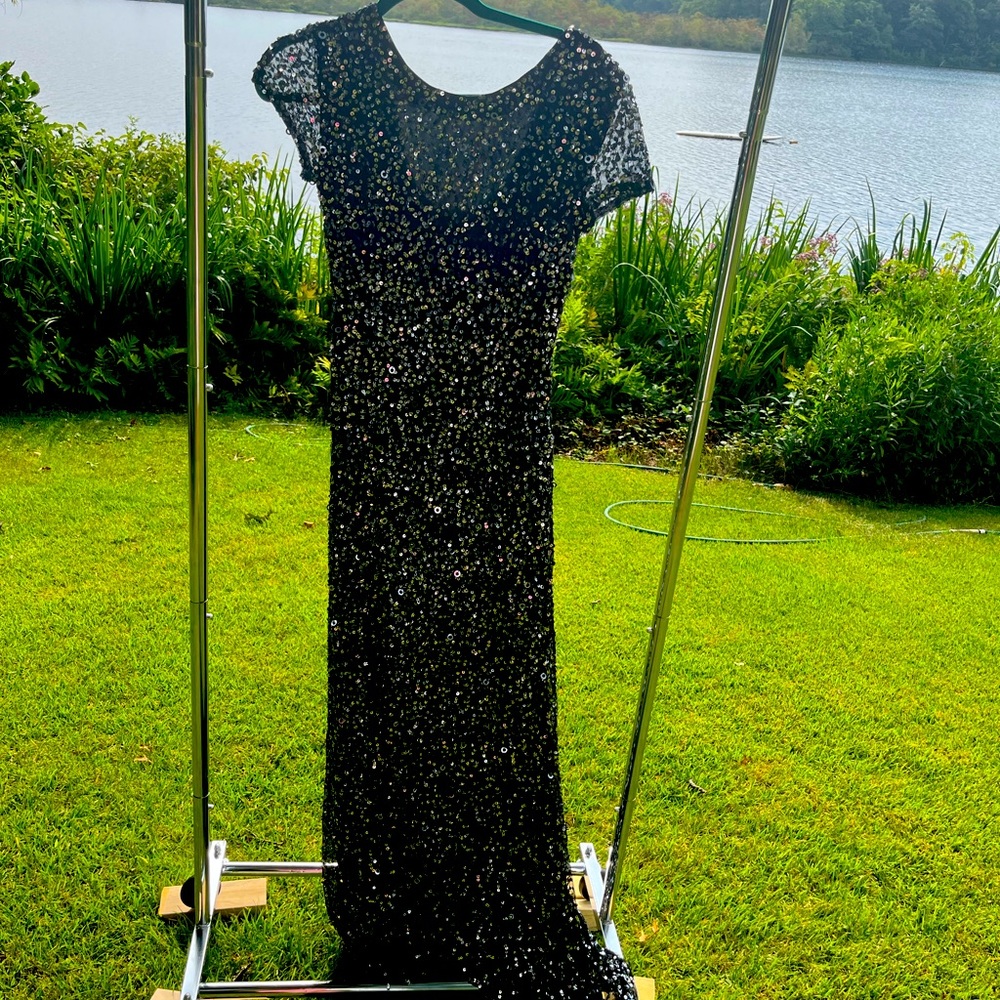 This is beautiful, sequined dress with small train.  Perfect for red carpet.